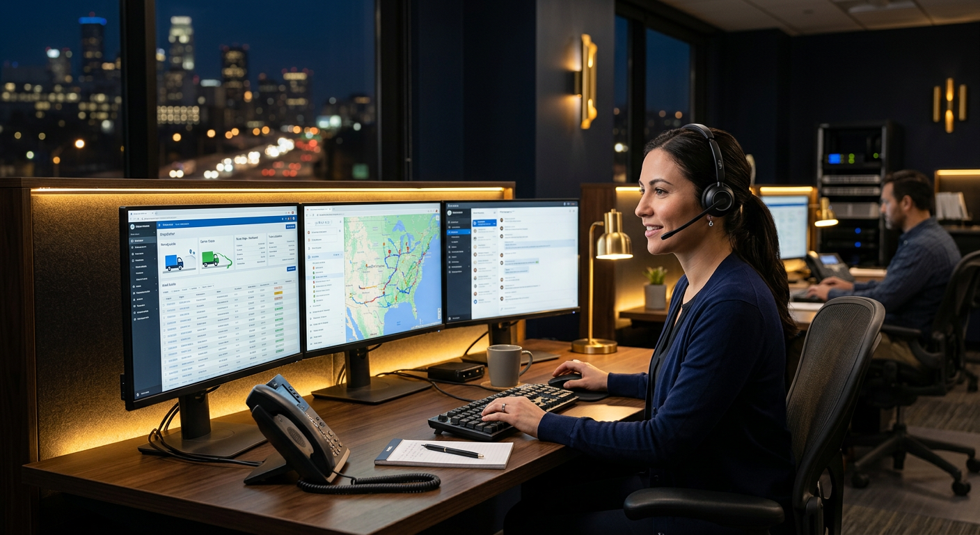 Dispatcher with a headset working at a multi-monitor dispatch desk