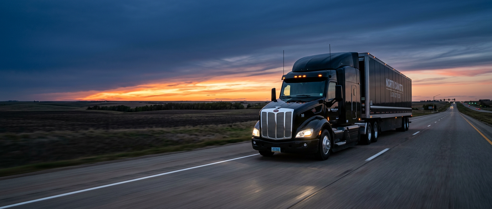 Black semi truck driving on an open highway at dusk