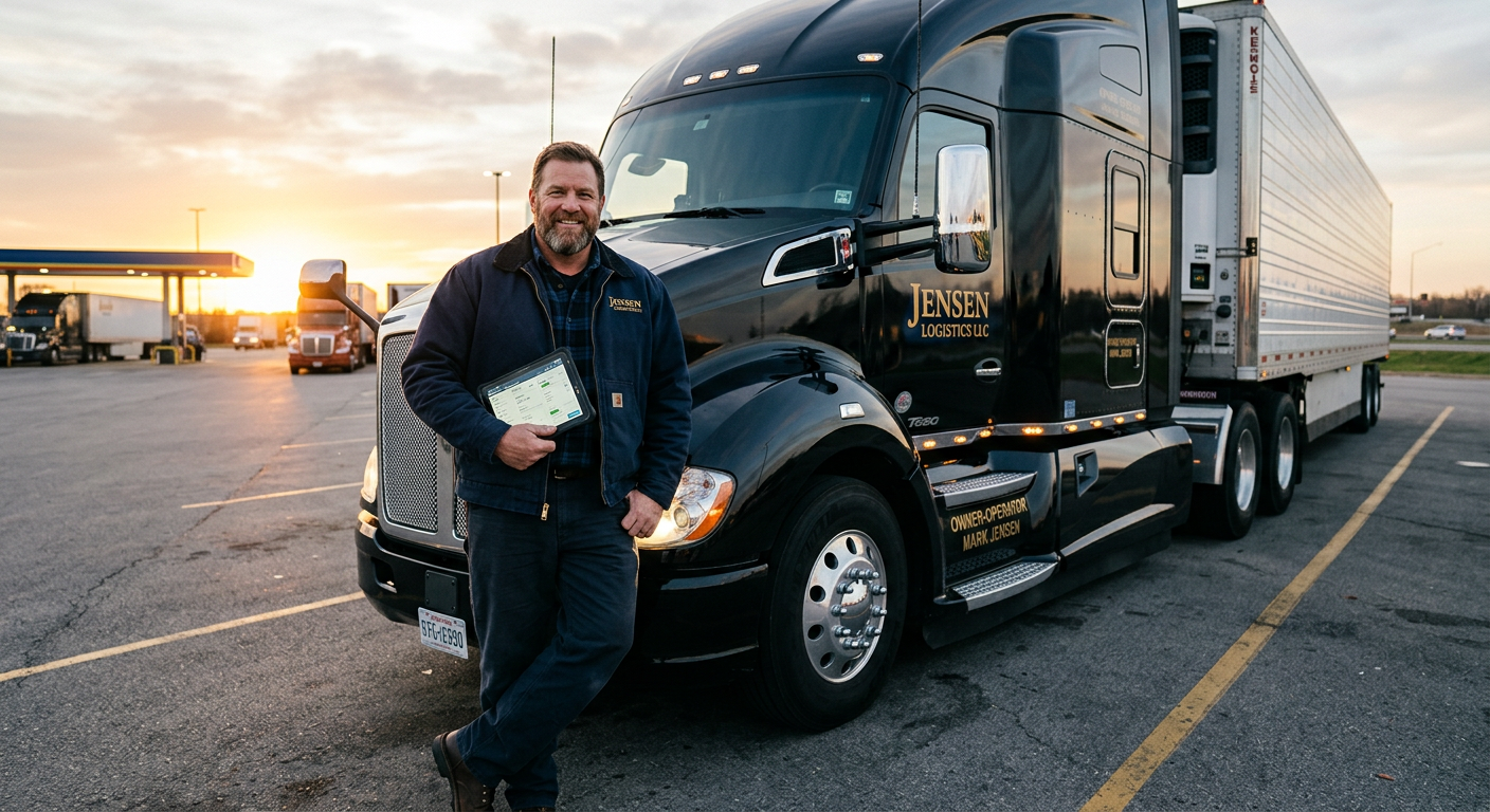 Owner-operator standing beside his semi truck holding a tablet